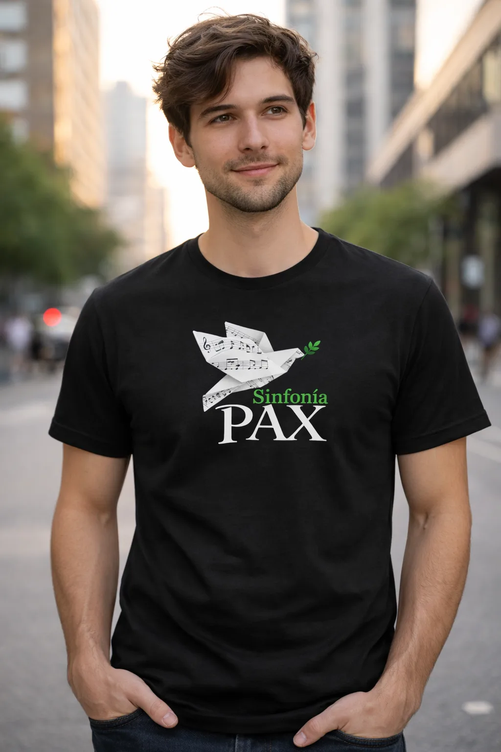Camiseta negra con la paloma musical y el nombre Sinfonía PAX