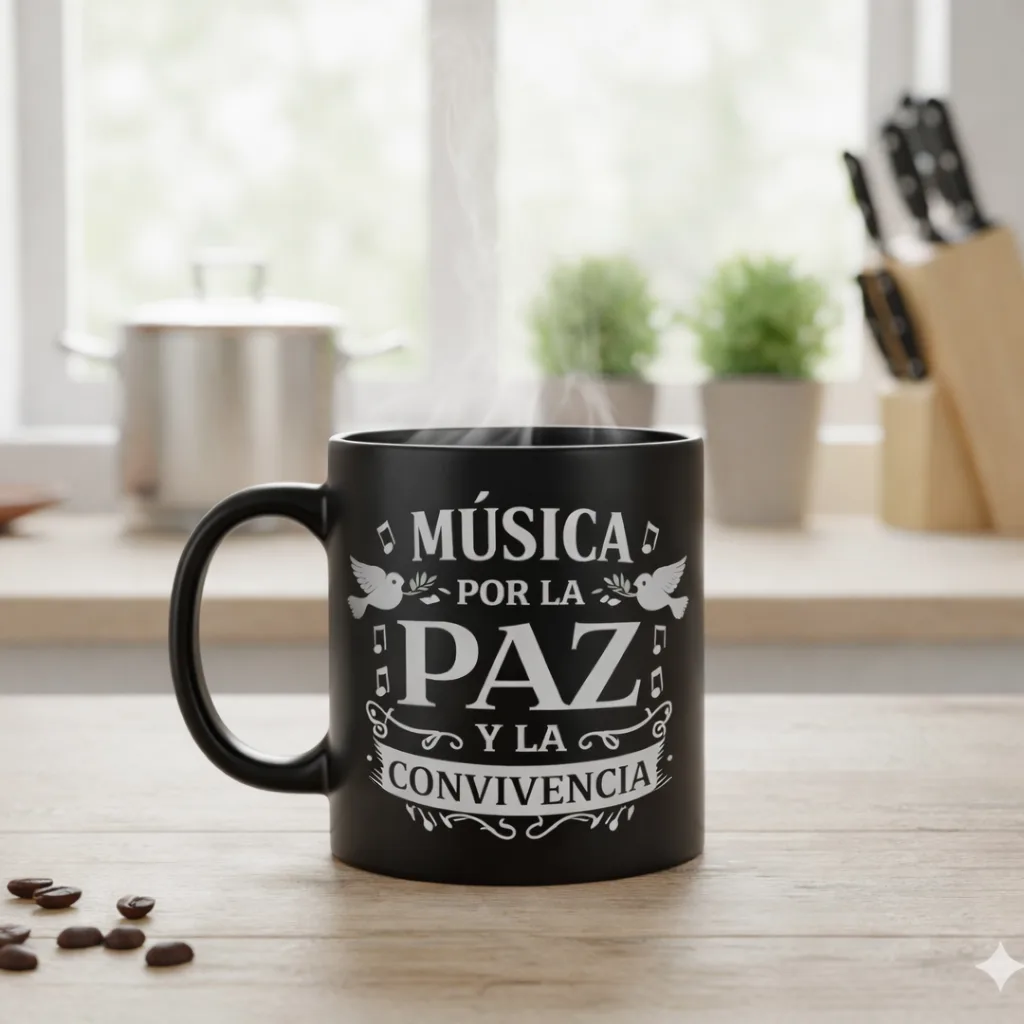 Taza negra con el mensaje Música por la paz y la convivencia
